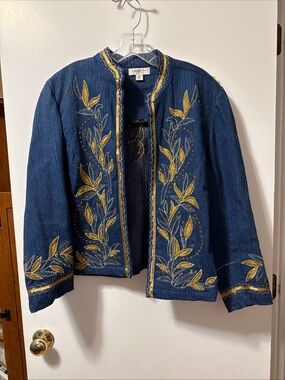 Coldwater Creek Blue Denim Jacket with Gold Leaf Embroidery